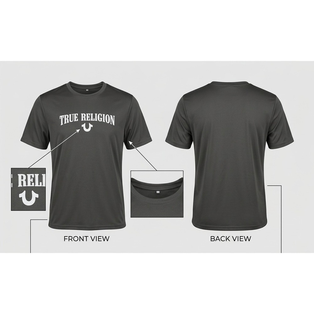 True Religion Mens Charcoal Gray Graphic Horseshoe Logo T-Shirt Size Large